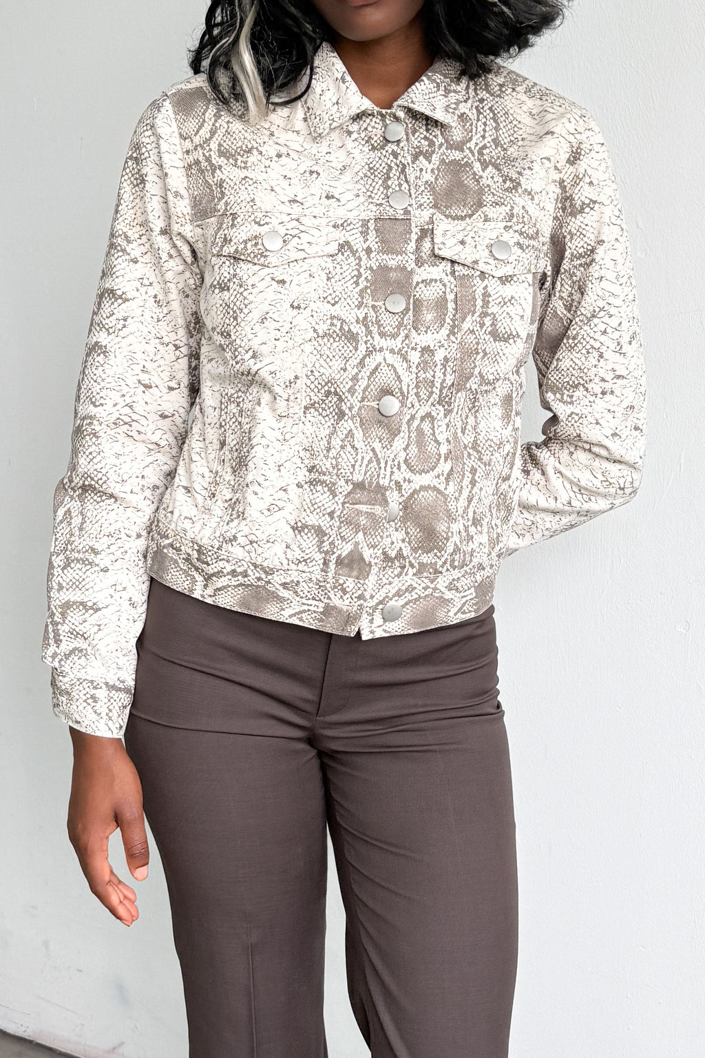 Denim Jacket Snake Print Beige Brown
