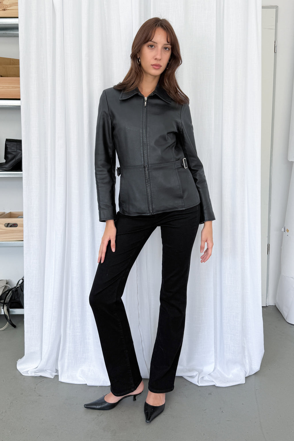 Black Leather Jacket Tailored - Size S