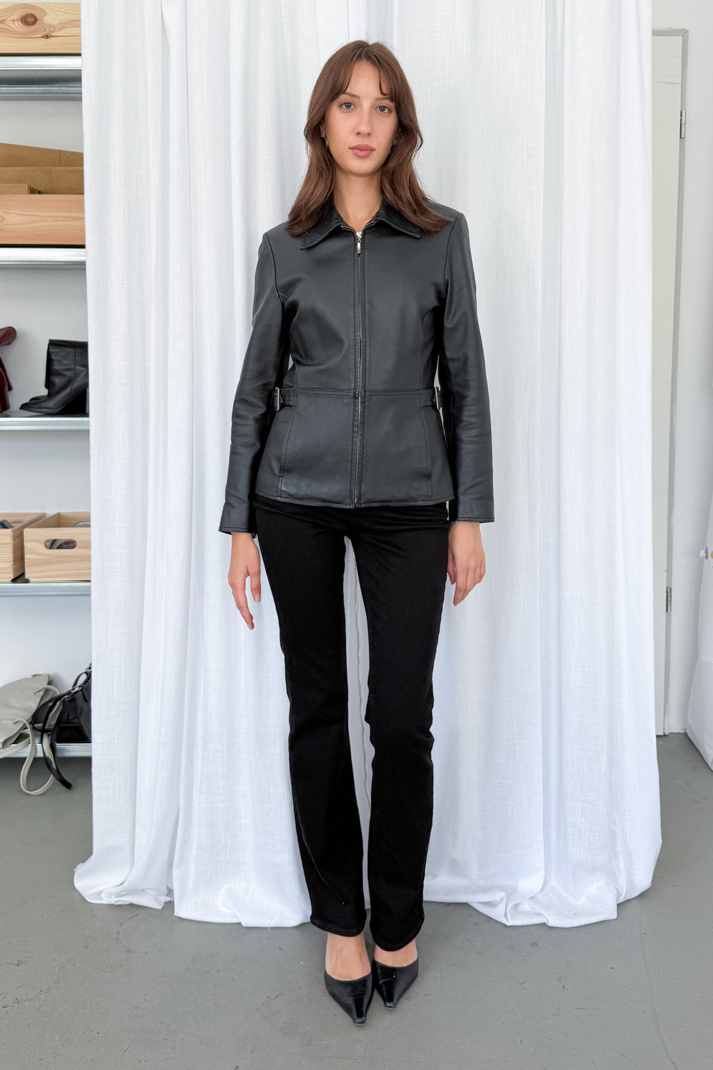 Black Leather Jacket Tailored - Size S