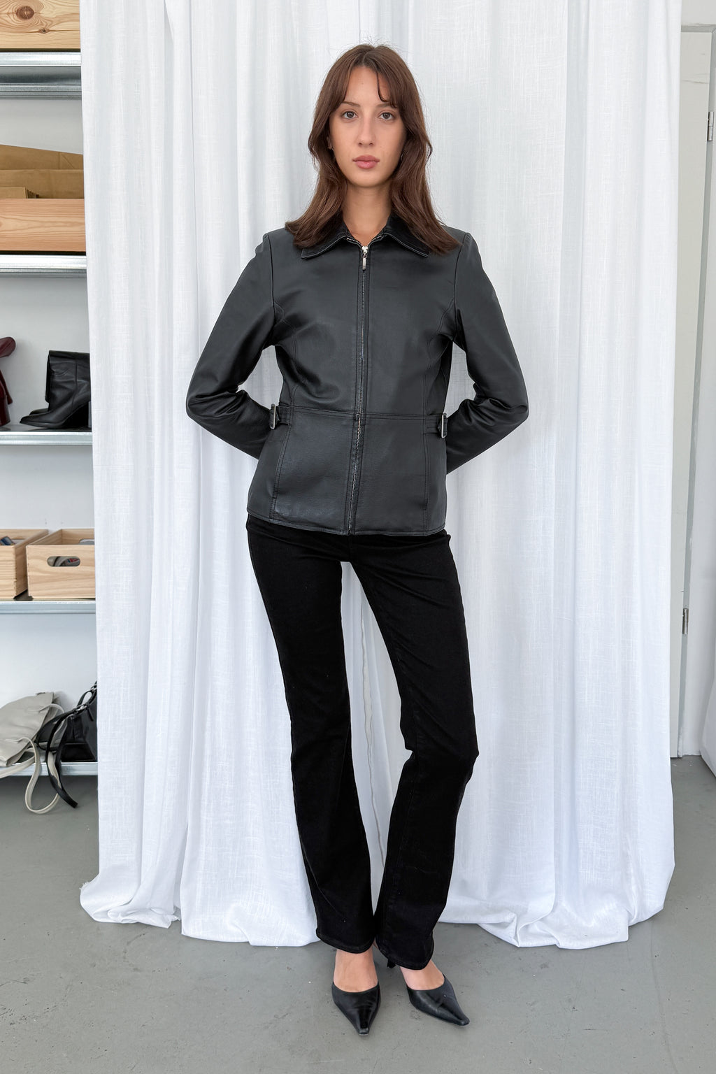 Black Leather Jacket Tailored - Size S