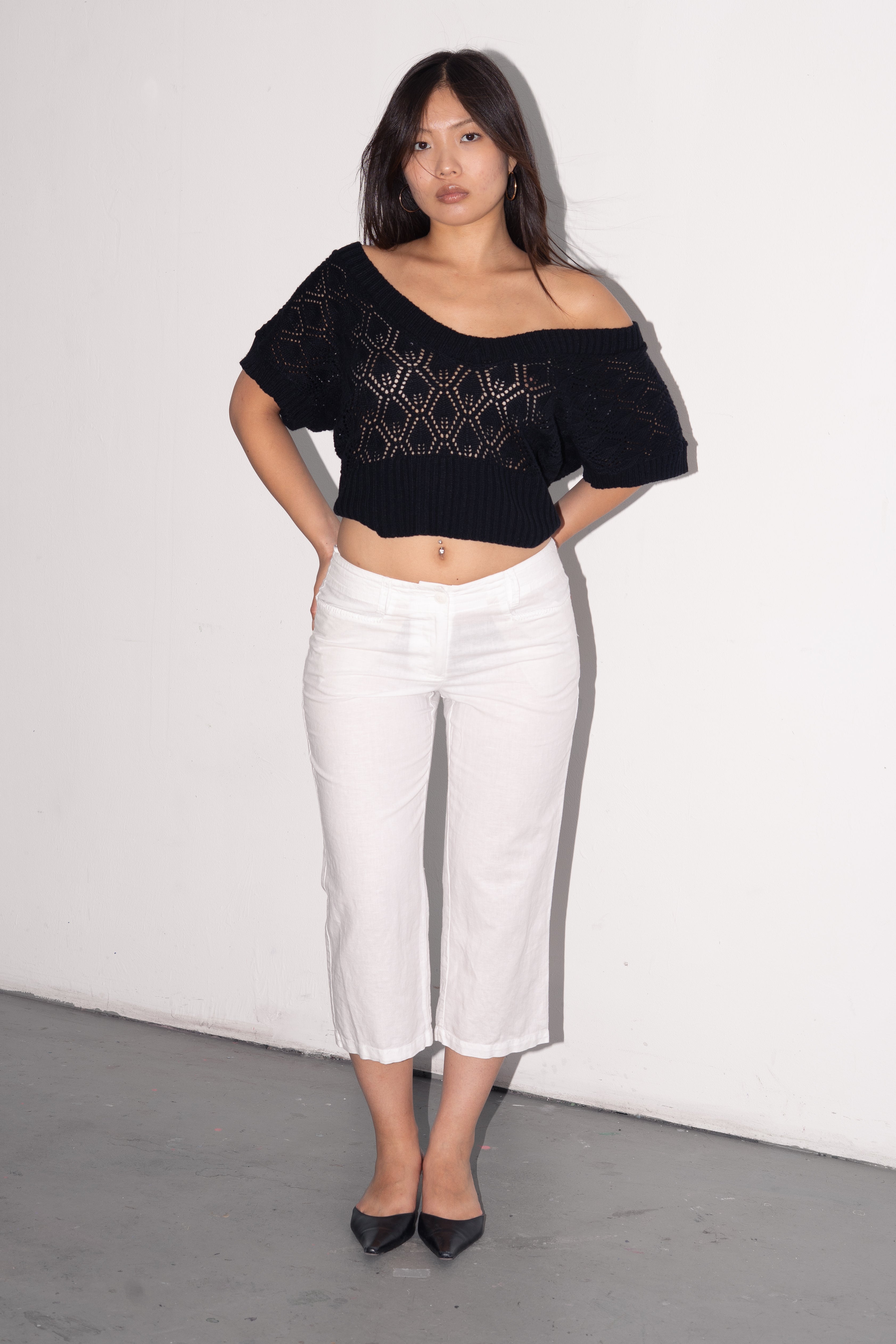 White Capri Bottoms Cotton/Linen - Size S/M